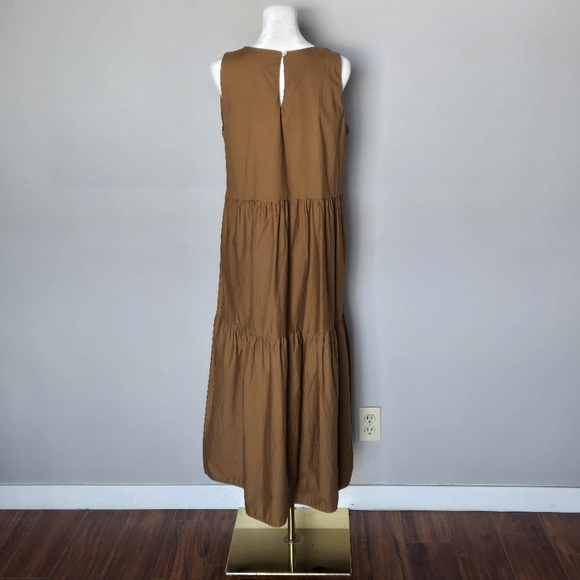 Margot Paris Tiered Sleeveless Midi Dress Brown Poplin Cotton Pockets Italy - Picture 3 of 15